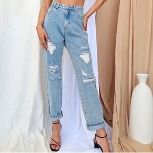 Old Fashioned Blue High Rise Destroy Straight Leg Jeans